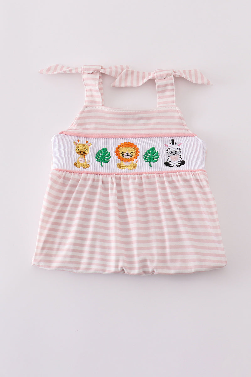 Pink stripe animal embroidery smocked bloomer set - Cloudling Kids Clothing