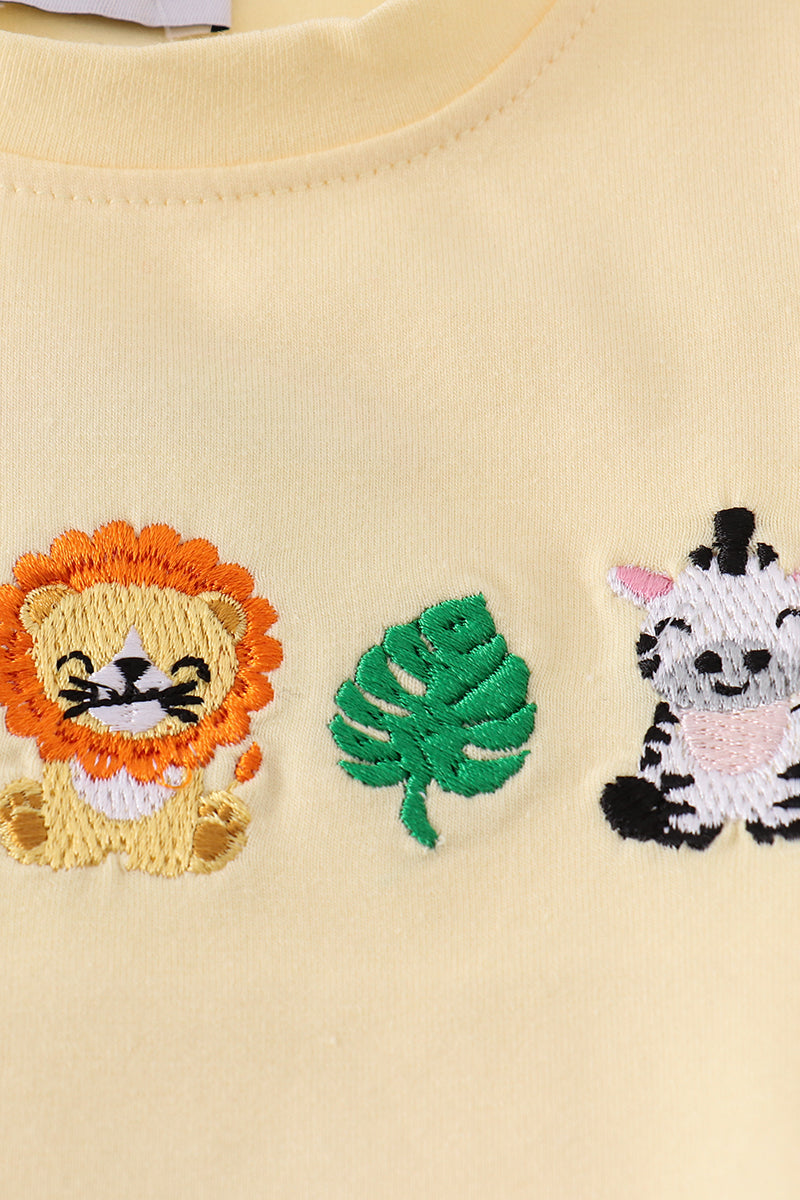 Yellow stripe animal embroidery smocked bloomer set - Cloudling Kids Clothing