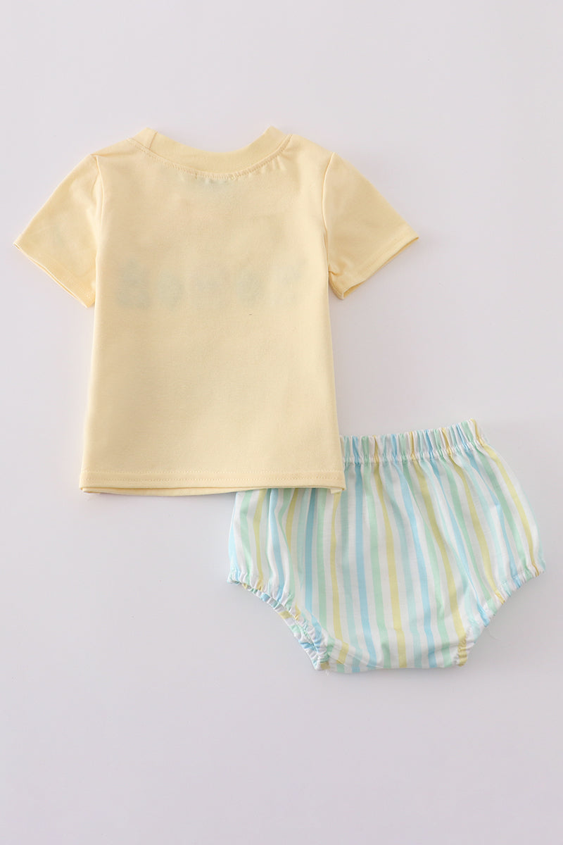 Yellow stripe animal embroidery smocked bloomer set - Cloudling Kids Clothing