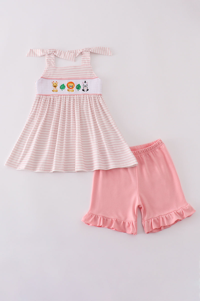 Pink stripe animal embroidery smocked set - Cloudling Kids Clothing