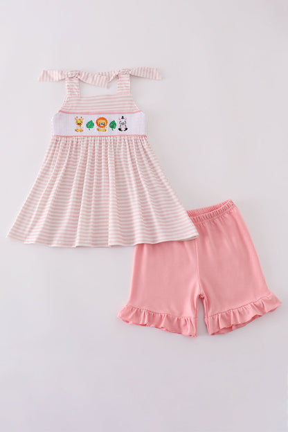 Pink stripe animal embroidery smocked set - Cloudling Kids Clothing