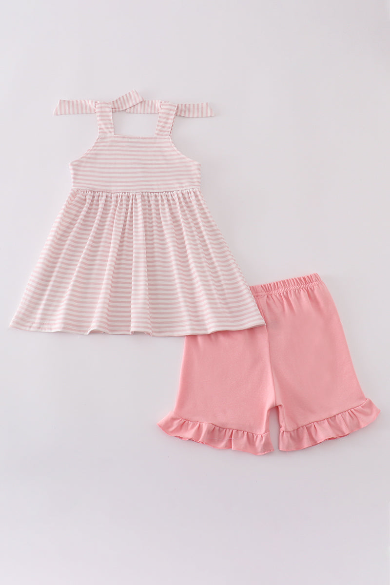 Pink stripe animal embroidery smocked set - Cloudling Kids Clothing