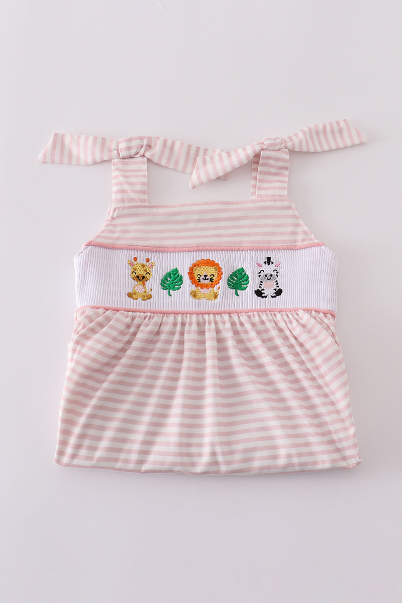 Pink stripe animal embroidery smocked set - Cloudling Kids Clothing
