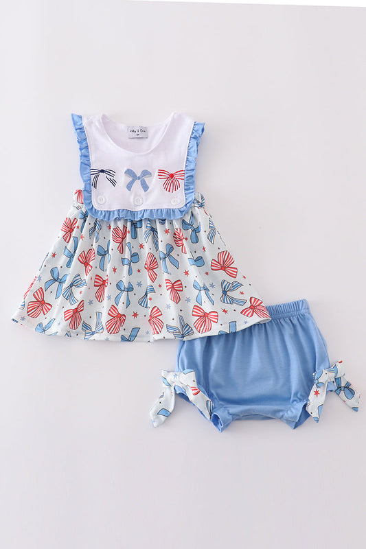 Bow trellis print embroidery ruffle bloomer set - Cloudling Kids Clothing