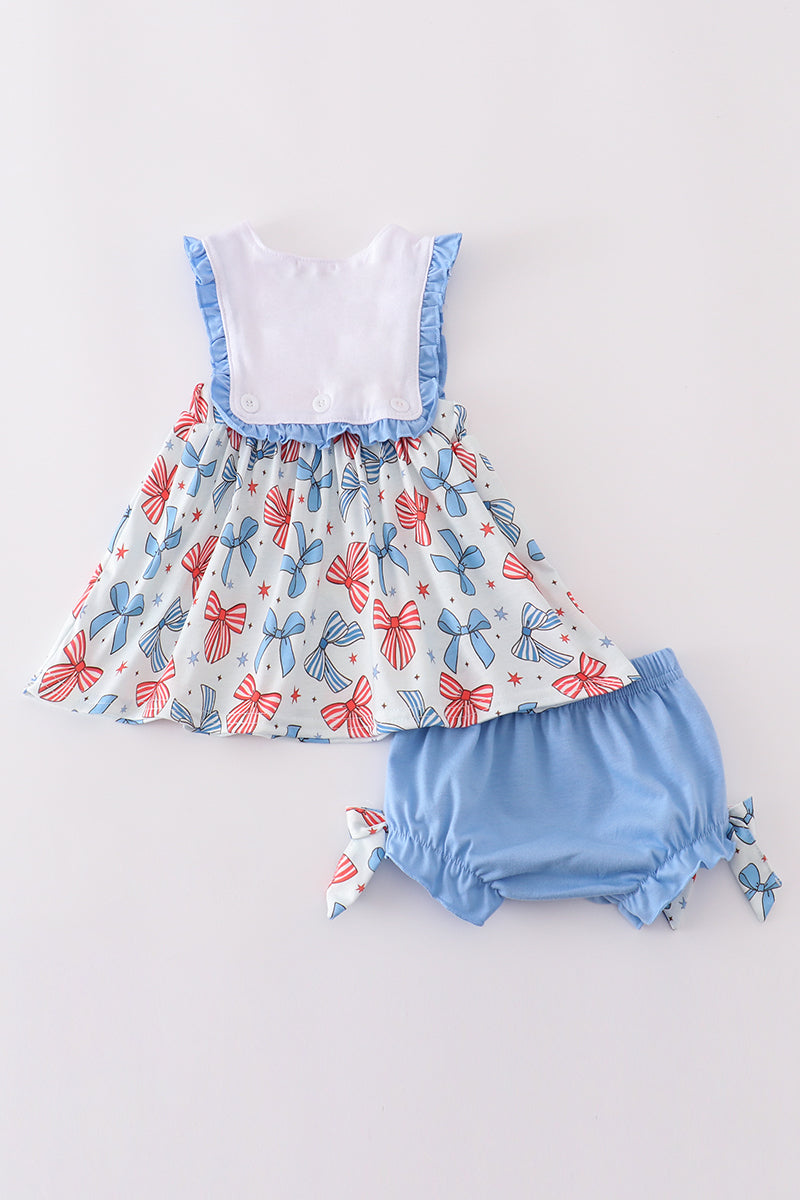 Bow trellis print embroidery ruffle bloomer set - Cloudling Kids Clothing