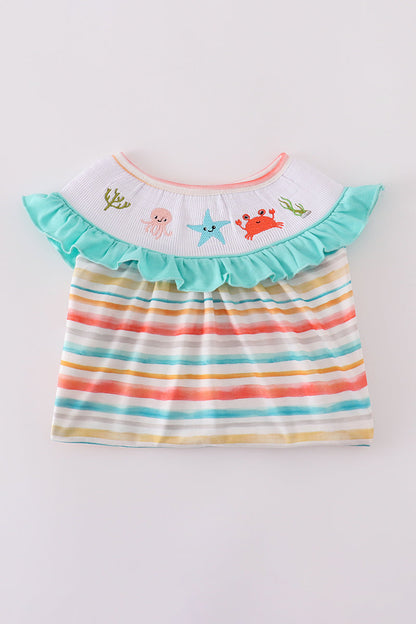 Rainbow stripe marine creature embroidery smocked shorts set