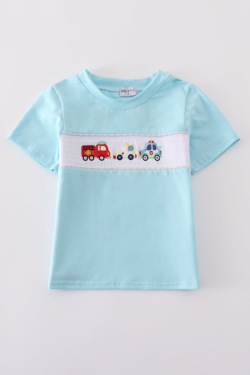 Blue fire truck police car embroidery smocked top - Cloudling Kids Clothing