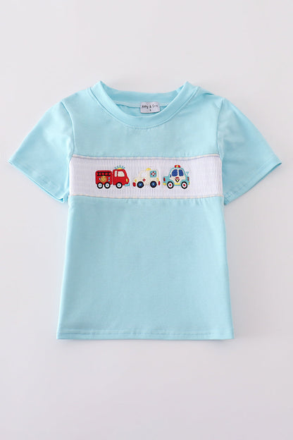 Blue fire truck police car embroidery smocked top - Cloudling Kids Clothing