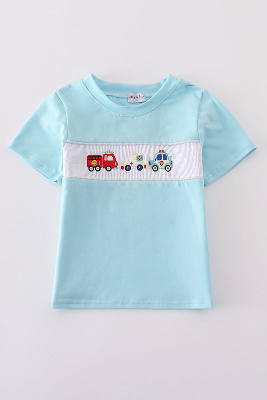 Blue fire truck police car embroidery smocked top - Cloudling Kids Clothing