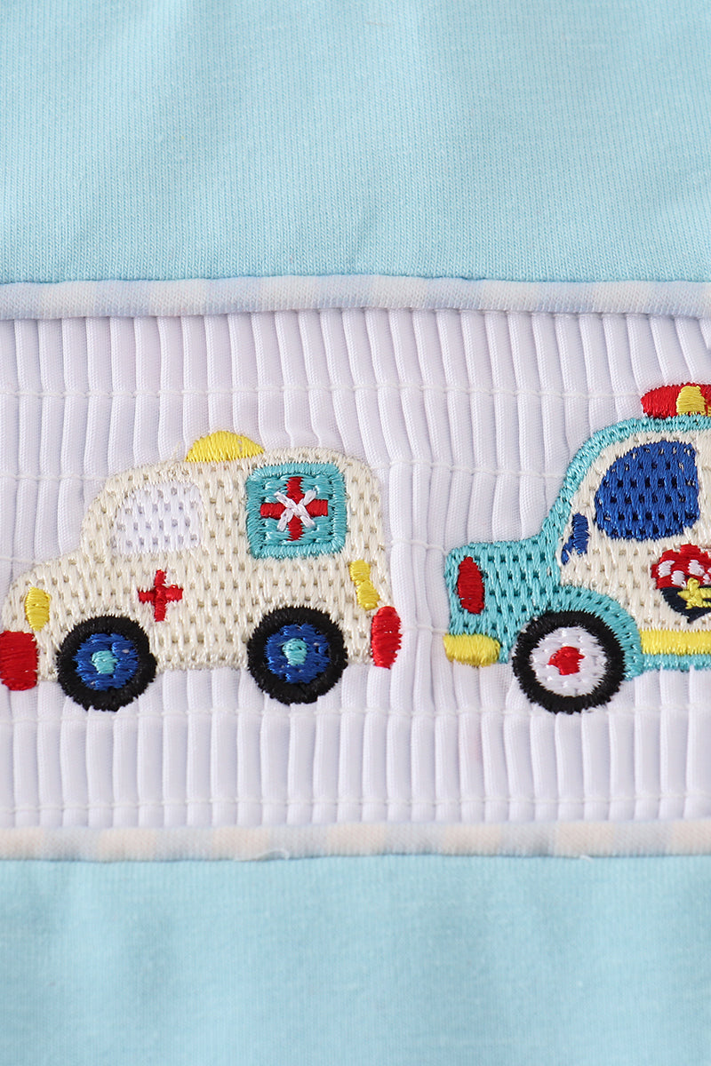 Blue fire truck police car embroidery smocked top - Cloudling Kids Clothing