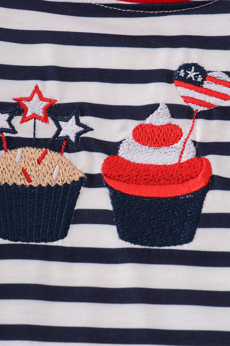 Blue stripe cake embroidery top - Cloudling Kids Clothing