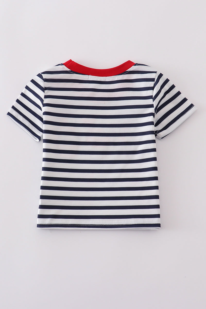Blue stripe cake embroidery top - Cloudling Kids Clothing