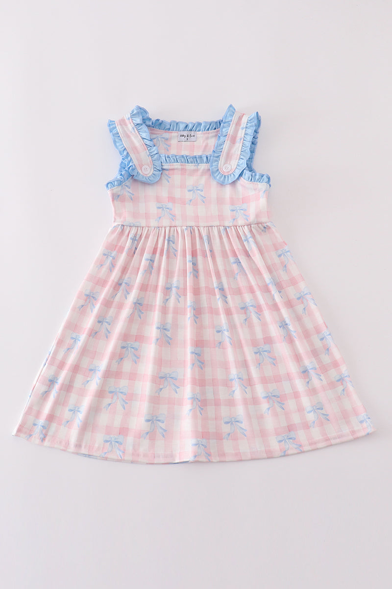 Pink plaid bow print gingham dress - Cloudling Kids Clothing