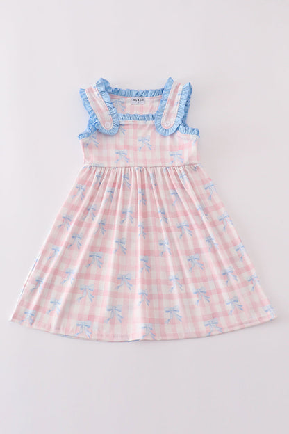Pink plaid bow print gingham dress - Cloudling Kids Clothing