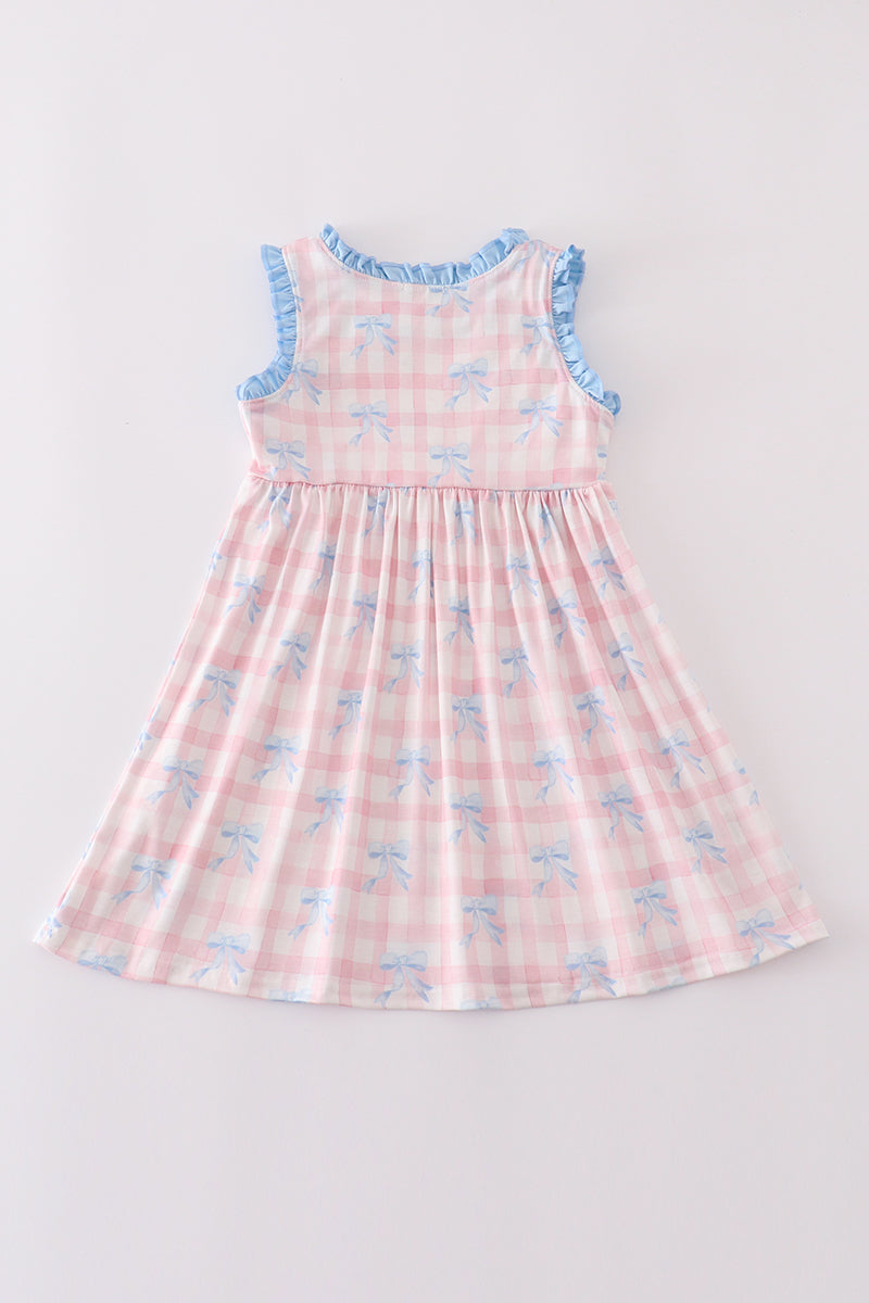 Pink plaid bow print gingham dress - Cloudling Kids Clothing