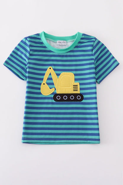 Teal stripe excavator applique top - Cloudling Kids Clothing