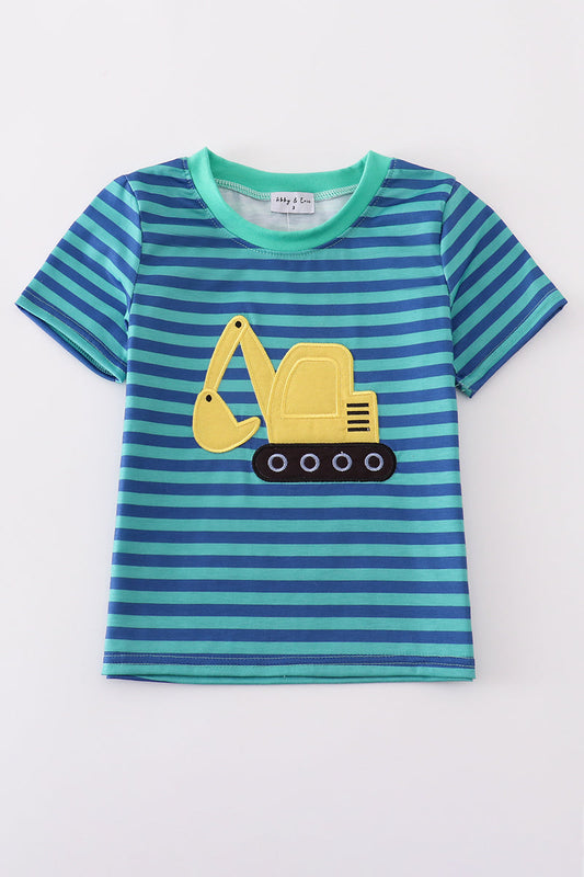 Teal stripe excavator applique top - Cloudling Kids Clothing