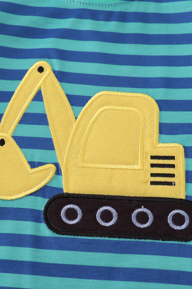 Teal stripe excavator applique top - Cloudling Kids Clothing