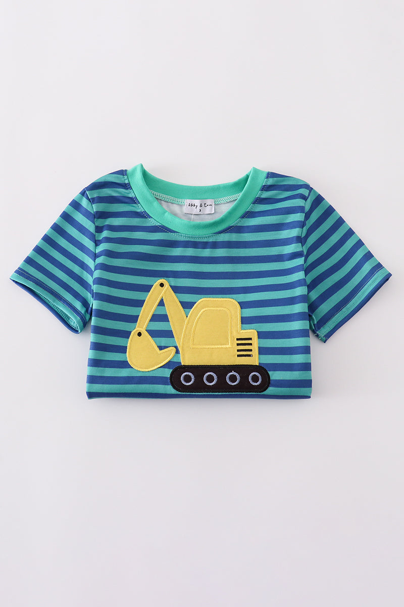 Teal stripe excavator applique top - Cloudling Kids Clothing