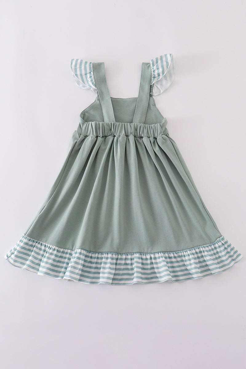 Sage stripe flutter trim ruffle dress - Cloudling Kids Clothing