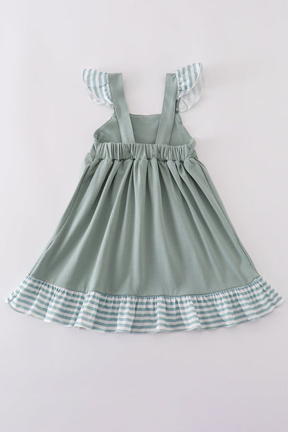 Sage stripe flutter trim ruffle dress - Cloudling Kids Clothing