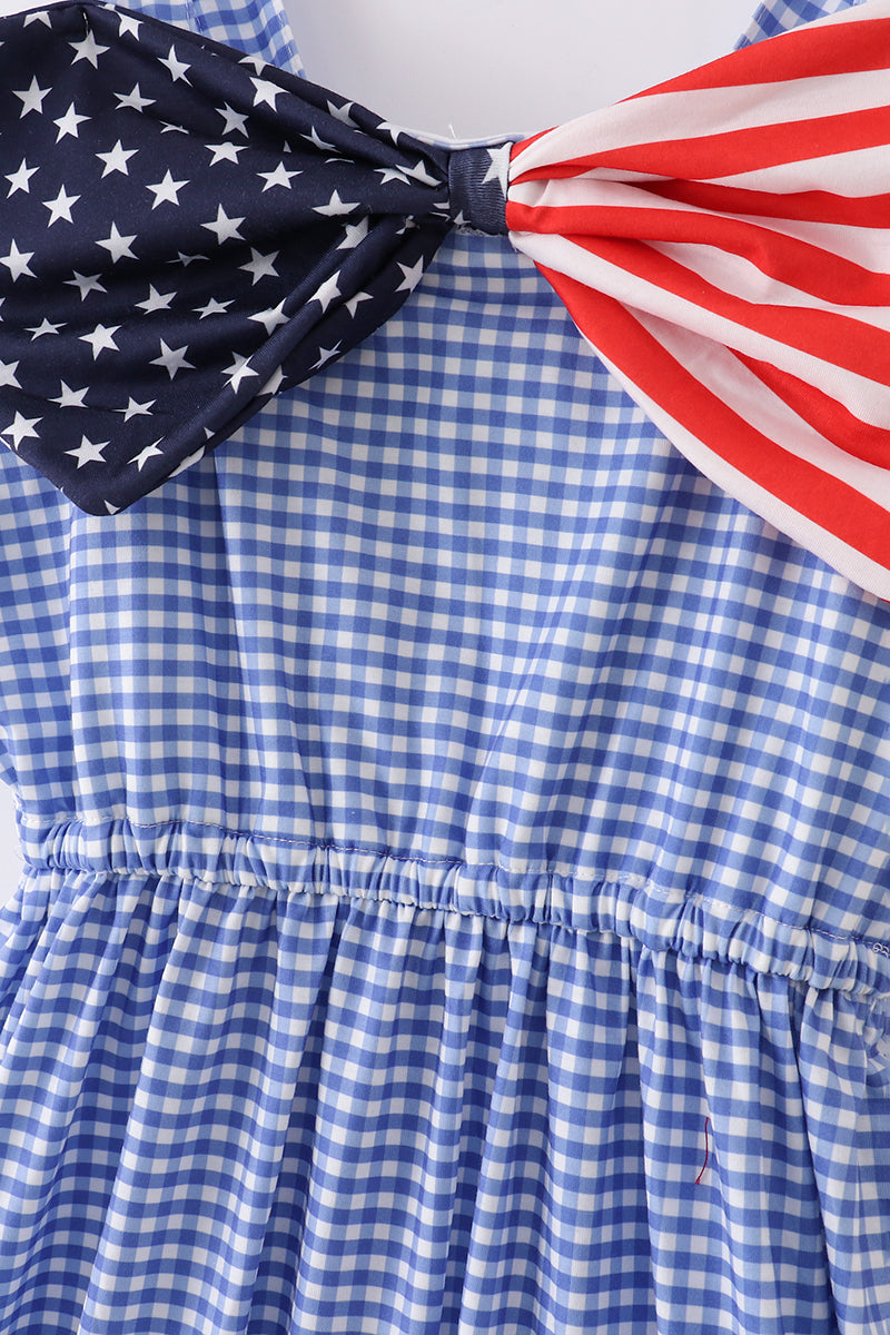 Blue flag bow gingham mom dress - Cloudling Kids Clothing