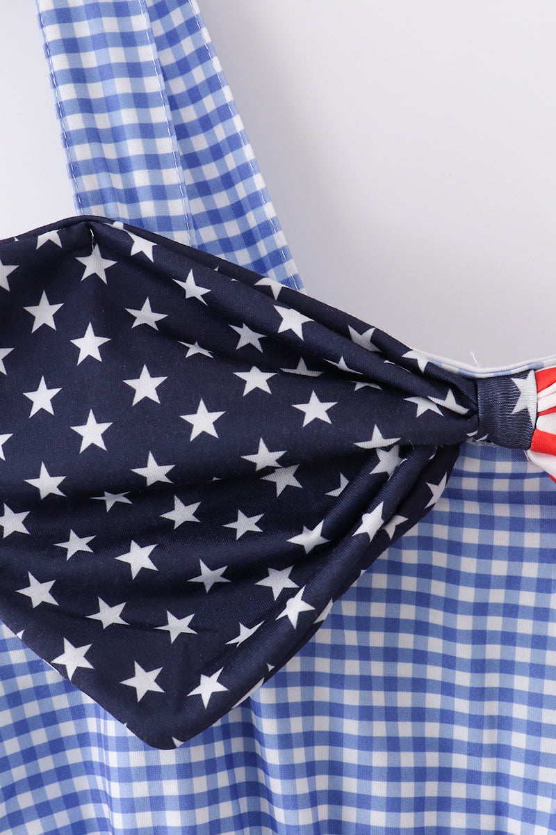 Blue flag bow gingham mom dress - Cloudling Kids Clothing