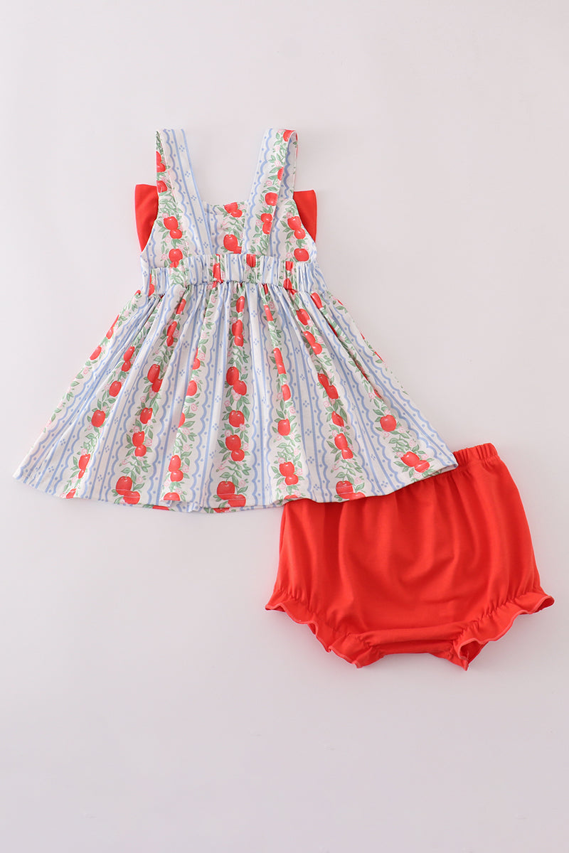 a cute apple print bloomer set with a matching bow from Cloudling Kids.