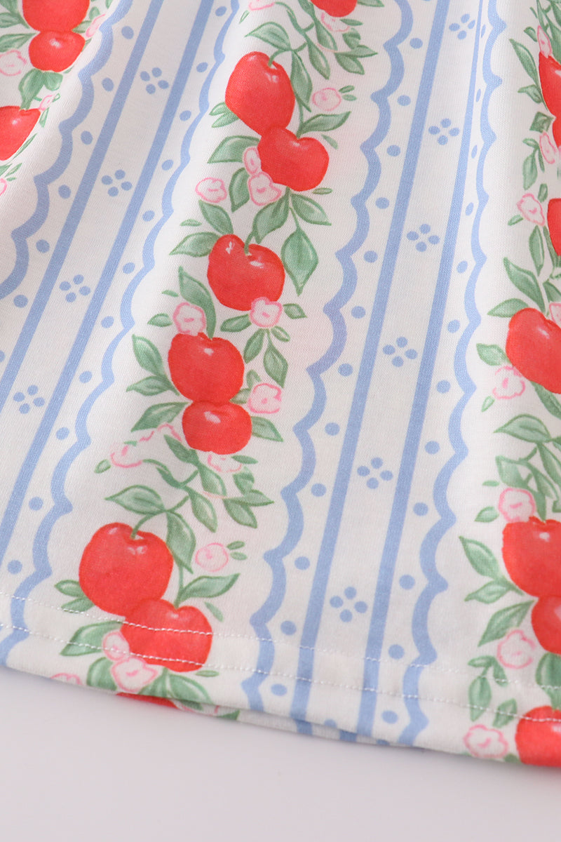 Adorable girls' bloomer set featuring a sweet apple print and decorative bow.