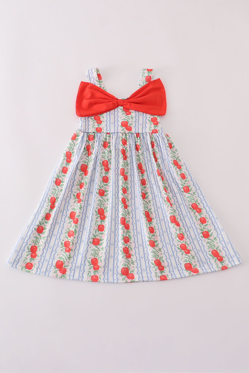 Girls' apple print dress with bow detail by Cloudling Kids Clothing.