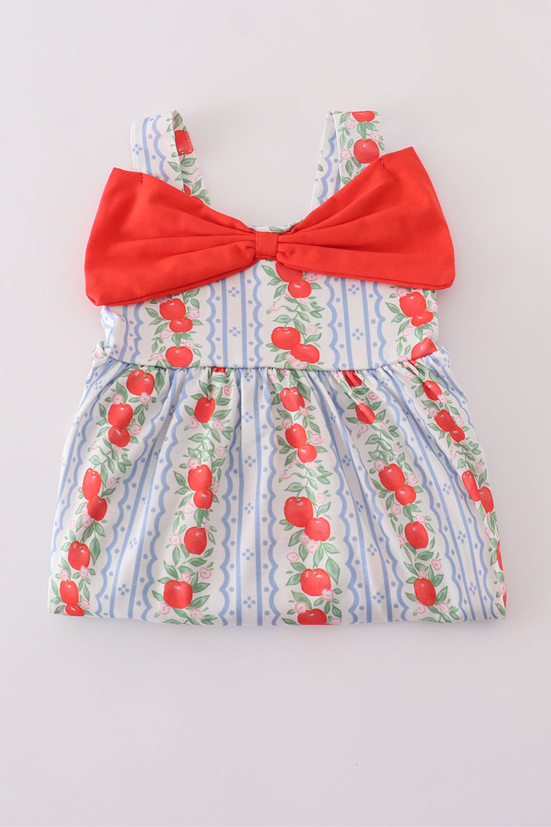 a cute apple print dress with a big bow from Cloudling Kids, perfect for playtime.