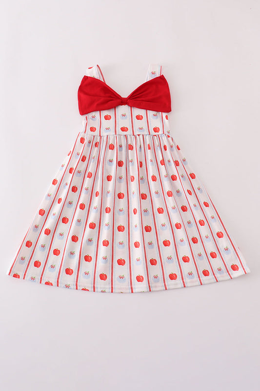Girls' red apple print dress with bow detail by Cloudling Kids Clothing.