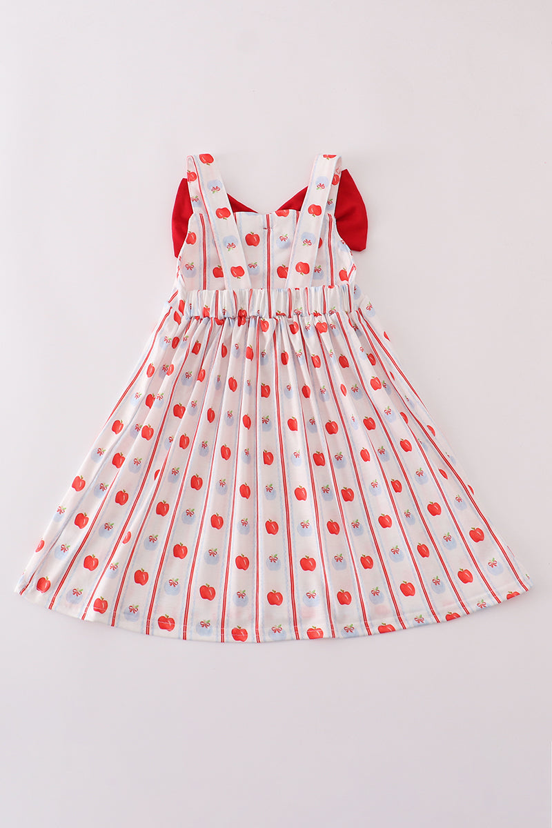 a cute red apple print dress with a big bow from Cloudling Kids, perfect for autumn.