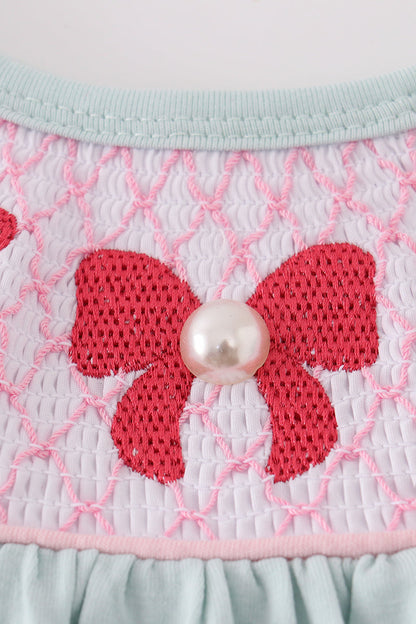 Blue bow pearl smocked bubble
