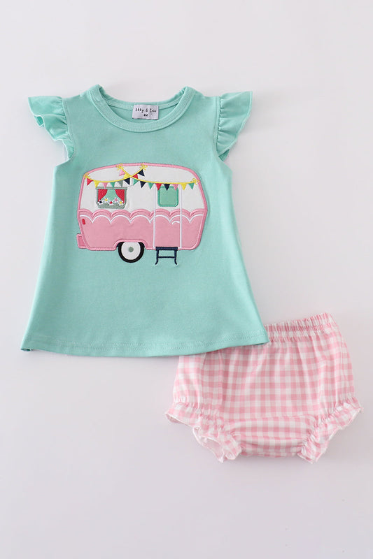 Green camper applique bloomer set - Cloudling Kids Clothing