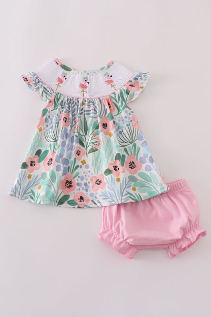 Floral flamingo embroidery smocked bloomer set