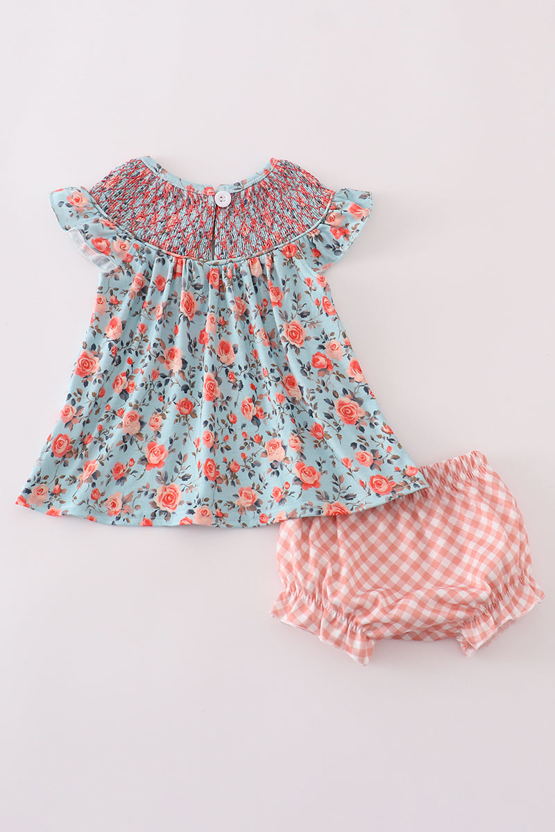 Baby girl smocked top and bloomers with blue floral print – Cloudling Clothing