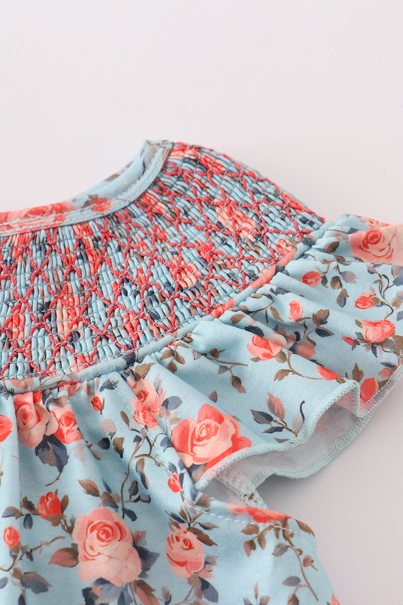 Two-piece blue floral bloomer set with smocked detail – Cloudling Kids