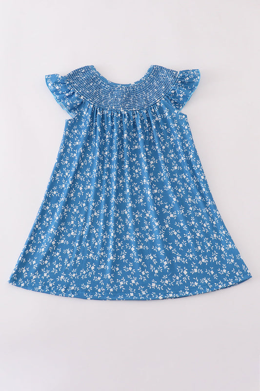 Girls blue floral print smocked dress.