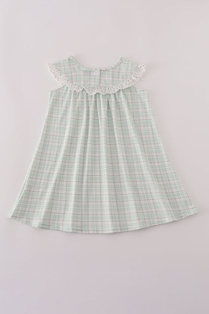 Green plaid sea shell french knot ruffle dress
