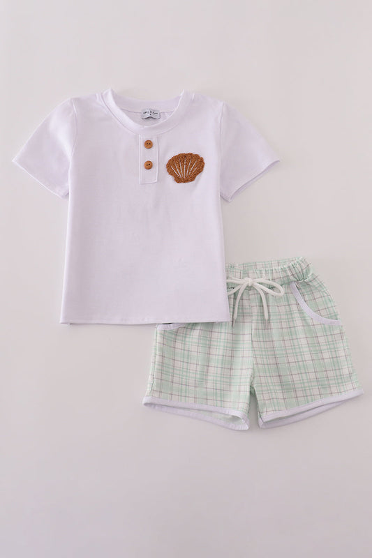 Green plaid sea shell starfish french knot shorts est