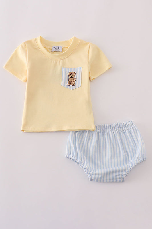 Blue stripe puppy embroidery bloomer set