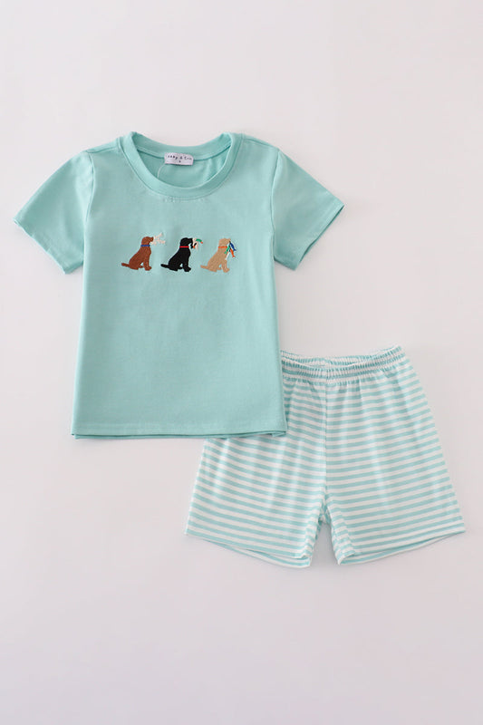 Green stripe puppy hunting embroidery shorts set