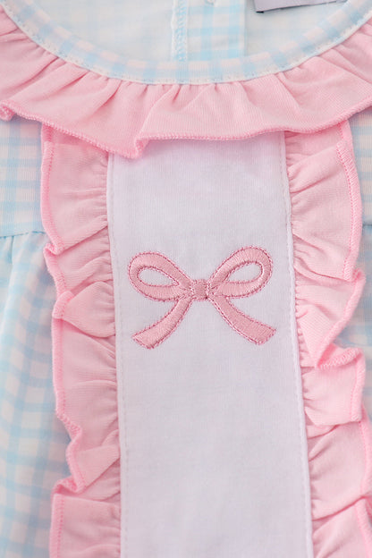 Blue bow embroidery gingham ruffle bubble
