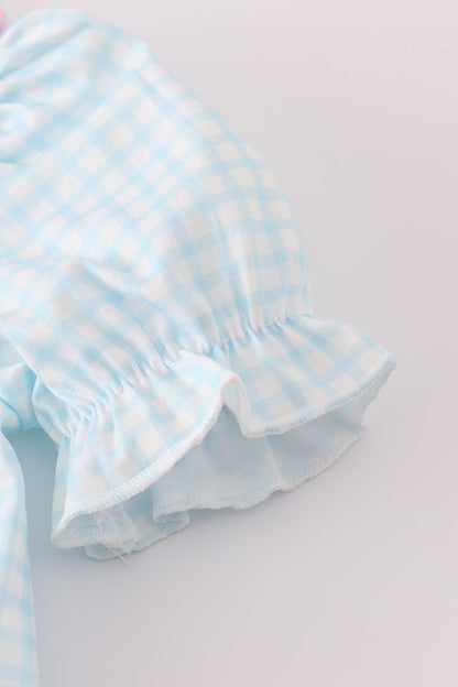 Blue bow embroidery gingham ruffle bubble