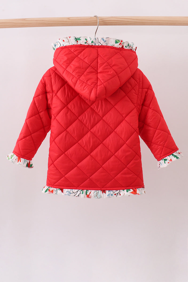 Red floral print ruffle quilted jacket