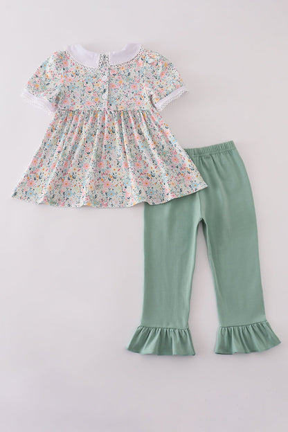 Green floral pumpkin embroidery smocked ruffle pants set