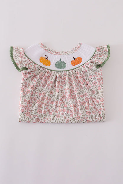 Pink pumpkin smocked floral ruffle pants set