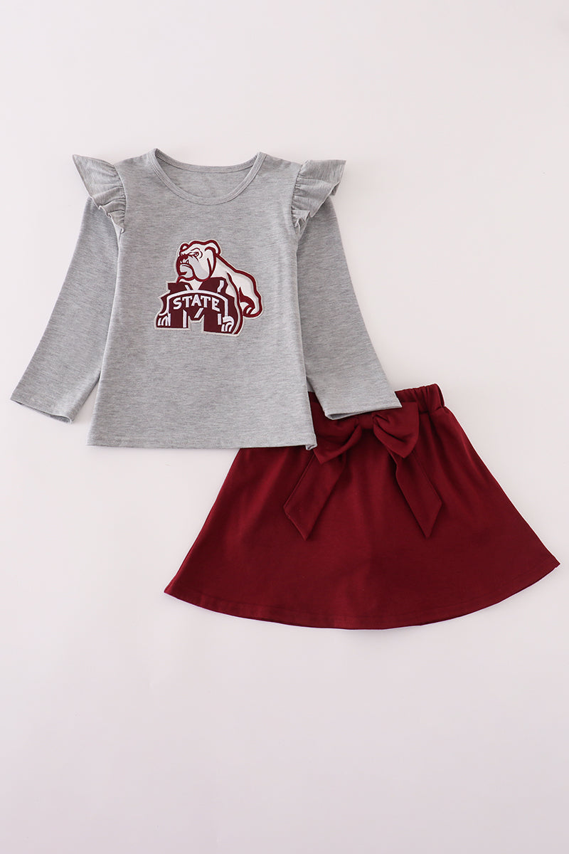 Maroon Mississippi embroidery bow skorts set - Cloudling Kids Clothing