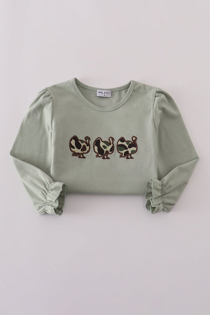 Sage camouflage turkey applique ruffle pants set